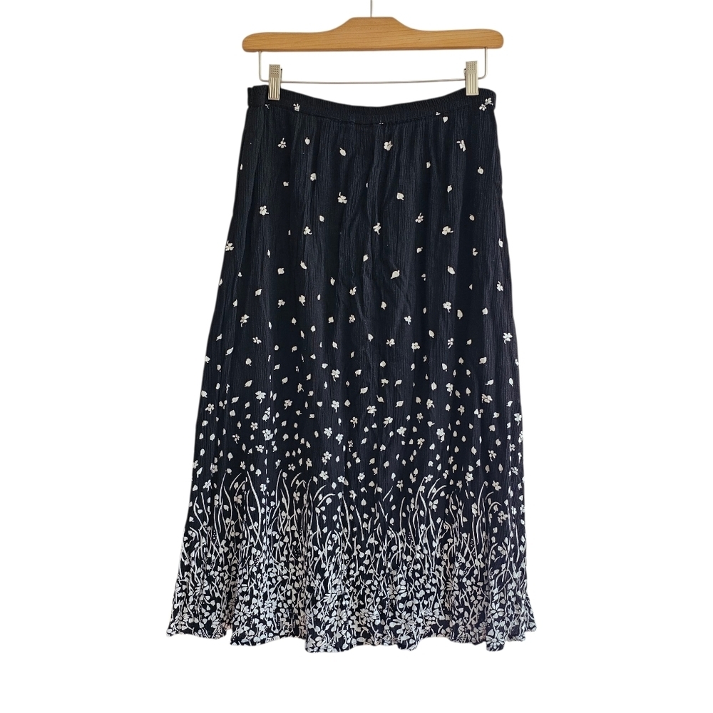 Cathy Daniels Vintage Crinkle Floral Print Maxi Skirt, Black and White, Size XL - Picture 2 of 11